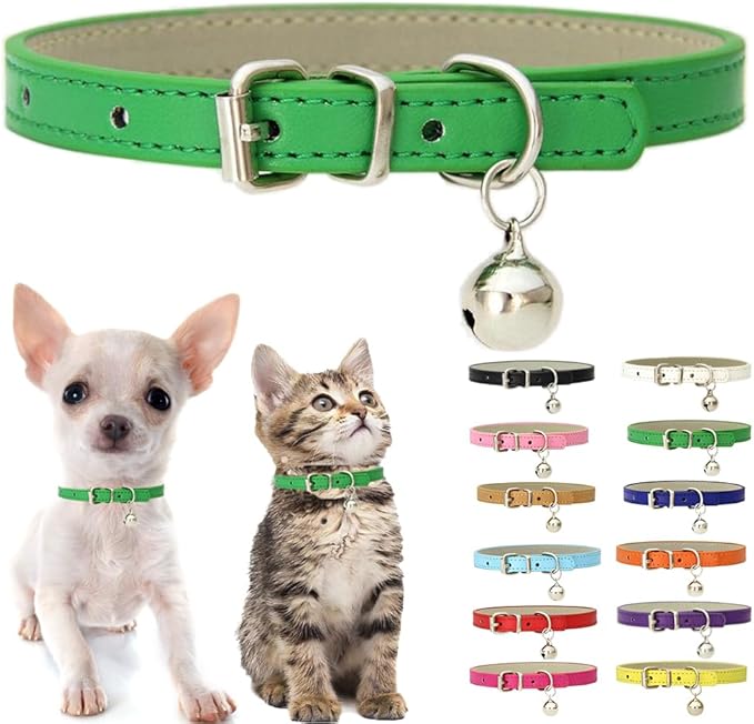 Green Puppy Collar with Bell, Soft Pu Leather Cat Collars Adjustable Buckle for XXS XS Extra Small Medium Tiny Female Male Boys Girls Pets Dogs Kitten Teacup Yorkie S