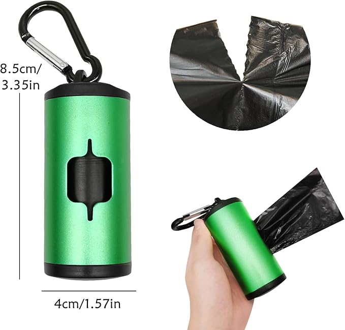 Metal Dog Poop Bag Holder Aluminum Dispenser for Leashes, Hiking & Travel, Lightweight Scratch-Resistant with 3 Attachments and 195 Bags (Emerald Green, 1 Holder 15 Bags)