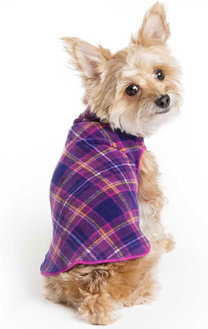 Goldpaw Stretchy Fleece Jacket for Small Dogs - Super Soft, Warm Dog Sweater - Pet Sweater Vest for Fall and Winter - Canine Clothes Made in The USA - Machine Washable - Mulberry Plaid - Size 26