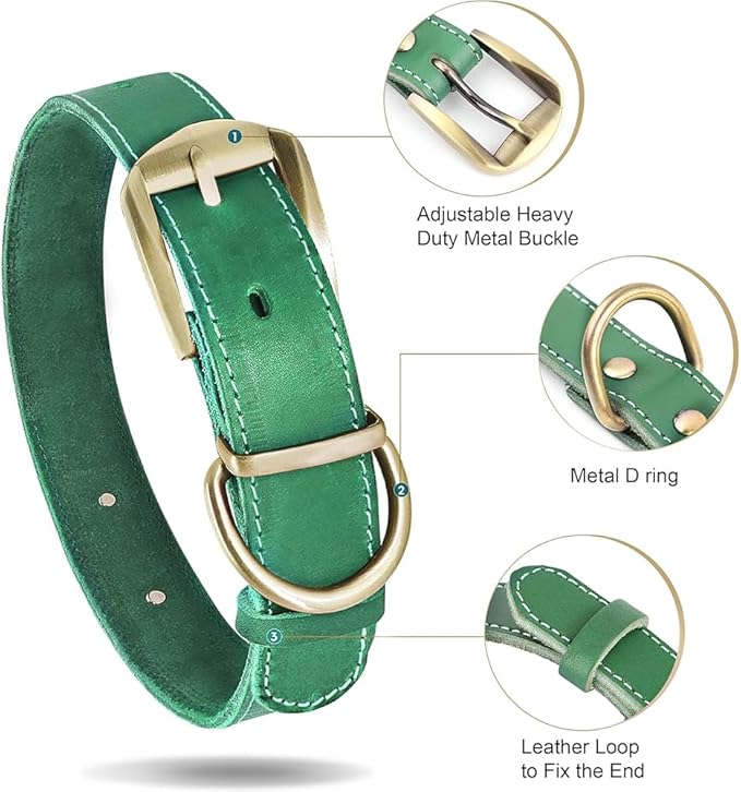Didog Genuine Leather Dog Collars with Engraved Nameplate, Personalized Soft Leather Dog Collar with Custom ID Tag, Brown/Green/Red for Medium Large Dogs (XXL,Green)