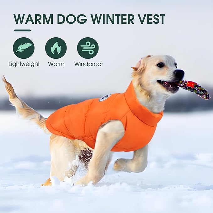 Kuoser Dog Coat Padded Vest, Windproof Dog Jacket, XL Warm Dogs Cold Weather Coats for Large Dogs, Lightweight Doggie Winter Clothes Outwear Pet Snowsuit Costume for Indoor Outdoor, Orange XL