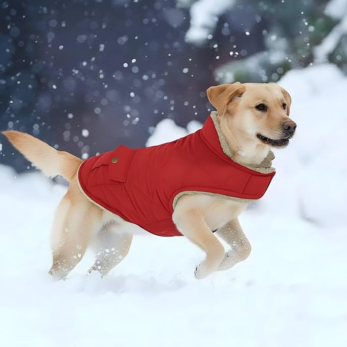ASENKU Warm Dog Winter Coat, Waterproof Dog Coat for Cold Weather, Fleece Dogs Jacket with Ultra Thick Plush Lining Leash Hole Storage Pockets for Small Dogs (Red, Small)