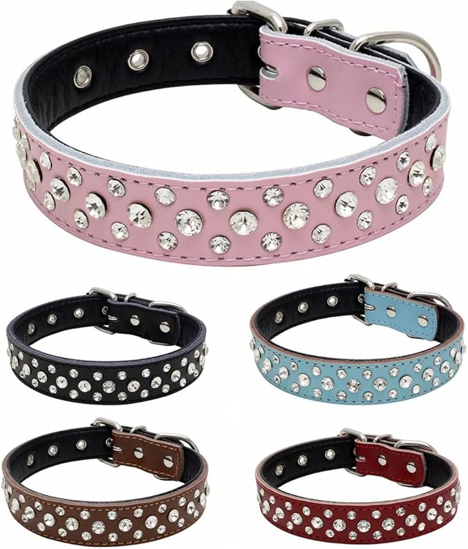 Rhinestones Dog Collar, Adjustable Sparkly Crystal Studded Genuine Leather Pet Dog Collar for Small and Medium Dogs (S, White)