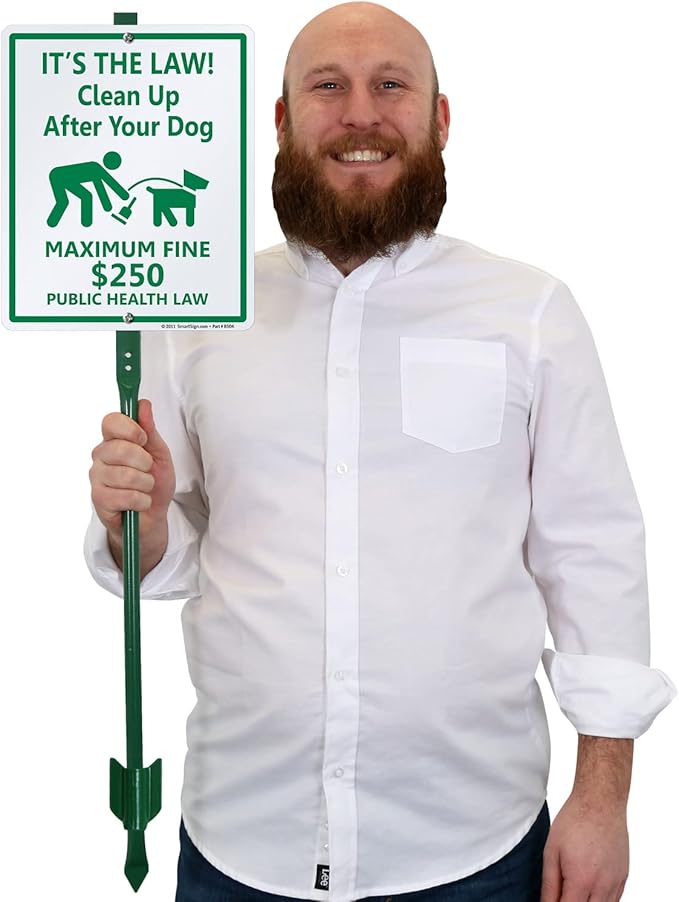 SmartSign "It’s The Law! Clean Up After Your Dog - Maximum Fine $250" LawnBoss® Sign | 10" x 12" Aluminum Sign With 3' Stake