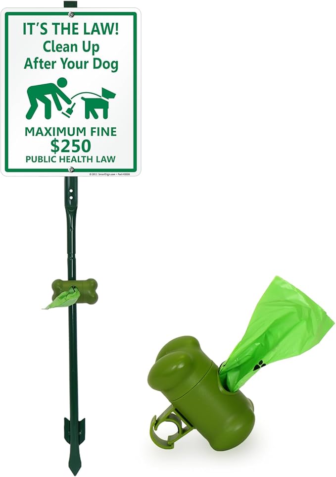 SmartSign It’s Law Clean Up After Your Dog Maximum Fine $250 Yard Sign & Clip-On Plastic Dispenser Combo/Kit, 10"x12" Aluminum Sign with 3ft Stake, Compact Dispenser Preloaded with a 15 Poop Bags Roll
