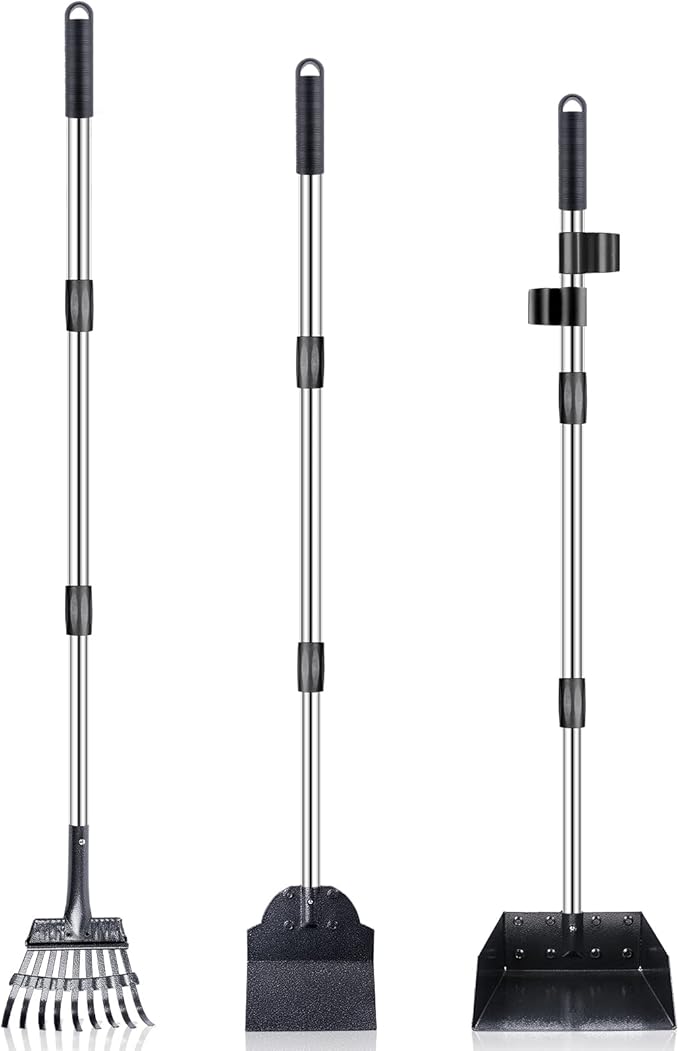 TNELTUEB Dog Pooper Scooper Set, 3 Pack Adjustable 49.1 Inches Long Handle Metal Tray, Rake and Spade Poop Scoop for Waste Removal, No Bending Clean Up for Large and Small Dog