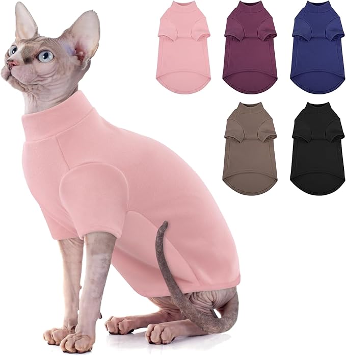 SUNFURA Turtleneck Sweater for Cat, Sphynx Cats Shirt Hairless Cat Sweaters with Sleeves, Warm and Soft Kitten Pullover Fleece Winter Pajamas Jumpsuit for Puppy Cats, Pink L