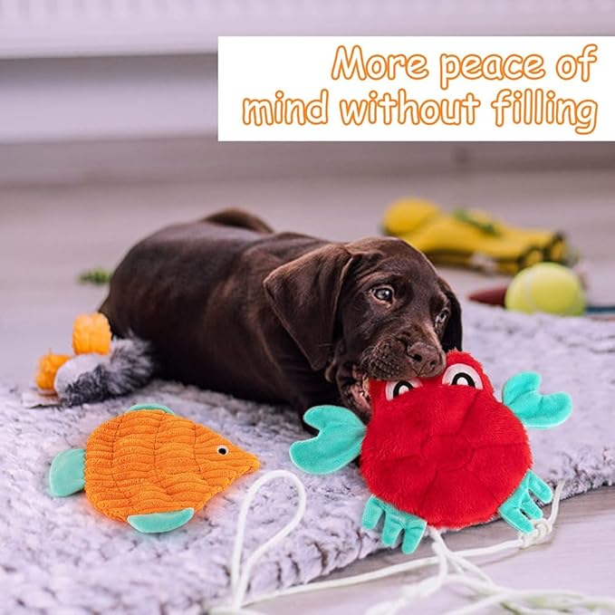 AWOOF No Stuffing Crinkle Squeaky Plush Dog Toys - Cute Animal Themed for Small to Large Dogs & Puppies - Bulk 5 Pack