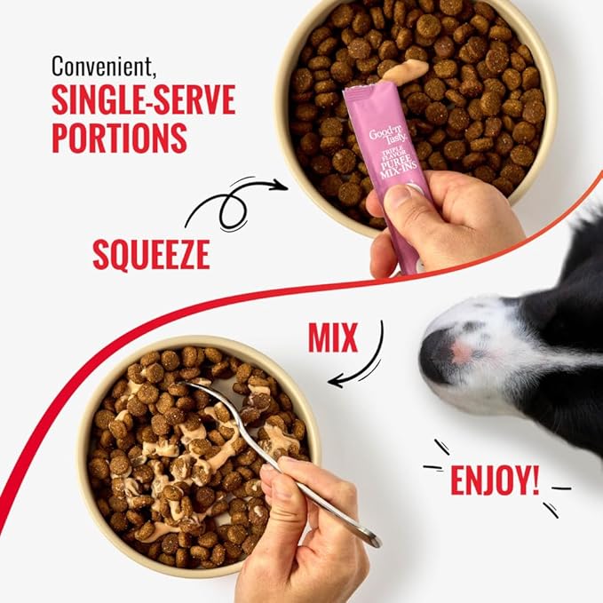 Good 'n' Tasty Triple Flavor Puree Mix-Ins Dog Food Topper Treats for All Dogs, 7 Count, Easy Single-Serve Portions, Added Protein with Salmon, Tuna and Krill, No Chicken or Beef Added (Pack of 2)