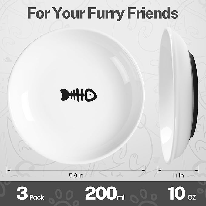Cat Food Bowls, Whisker Friendly Ceramic Cat Bowls with Nonslip Silicone Bottom, Pack of 3 Quiet Cat Dishes and Plates for Feeding Indoor Cats, Kittens and Small Dogs(Fishbone)
