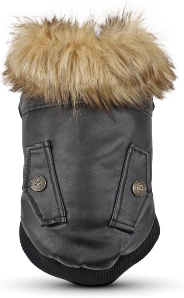 LESYPET Dog Leather Jacket for Small Dogs, Waterproof Dog Winter Jacket Puppy Coat with Fleece Lined, Ultra Warm Fur Collar Doggie Coat, Black XX-Large