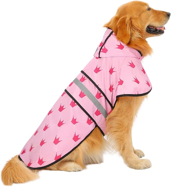 HDE Dog Raincoat Jacket Reflective Adjustable Hooded Pet Poncho Rain Coat with Leash Hole for Small to X-Large Dogs Princess - L
