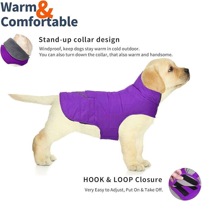 Dog Coat, Waterproof Dog Winter Jacket with Pocket, Reflective Adjustable Pet Snow Vest, Warm Cozy Fleece Sweater for Small Medium Extra Large Dogs - Purple, L