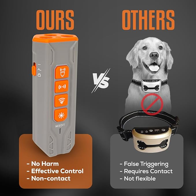 NEEDIT Dog Bark Deterrent Device to Stop Own or Neighbor’s Dog Barking, Biting & Fighting with Long Range – Rechargeable Ultrasonic Portable Anti Barking Device with 3X Sonic Emitters & Light (Gray)