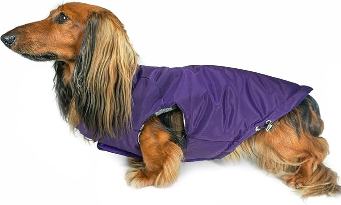 DJANGO Reversible Puffer Dog Coat – Warm Winter Dog Jacket & Water-Repellent Insulated Dog Coat w/Harness Hole, Windproof, Adjustable Fit for Small & Medium Dogs, Dachshunds – Violet Purple, Small