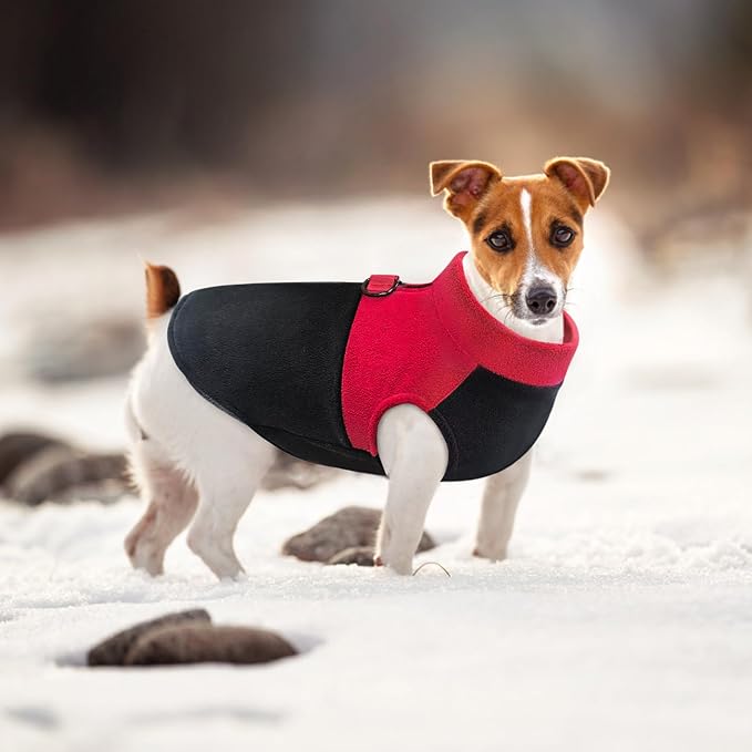 Idepet Dog Fleece Vest Sweater Zip Up Warm Pullover Dogs Jacket with D-Ring Leash Winter Cold Weater Coat Pet Sweatershirt Clothes Hoodie for Small Medium Dogs Boy Girl (Red/Black, S)