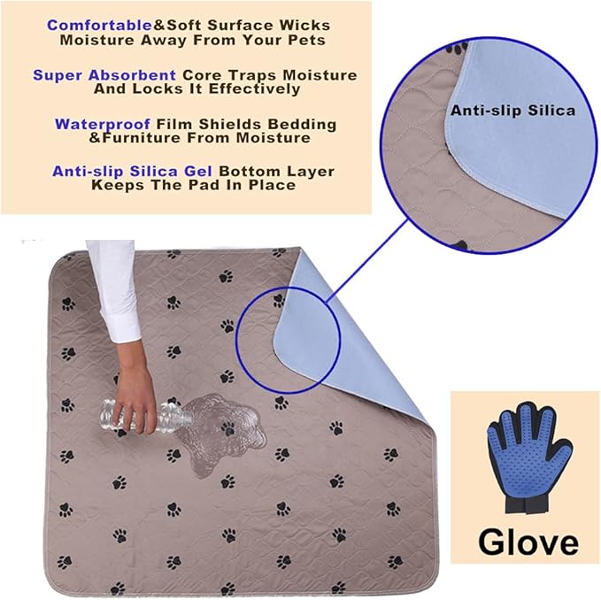 SincoPet Washable Dog Pee Pads with Puppy Grooming Gloves,Puppy Pads,Reusable Pet Training Pads,Large ,Waterproof Pet Pads for Dog Bed Mat,Super Absorbing Whelping Pads,24x36 Inch (Pack of 4)