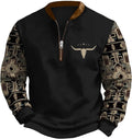 HOTYD Aztec Cowboy Jacket Men Vintage Bullhorn Printed Oversized Western Sweatshirt Long Sleeve Quarter Zip Pullover