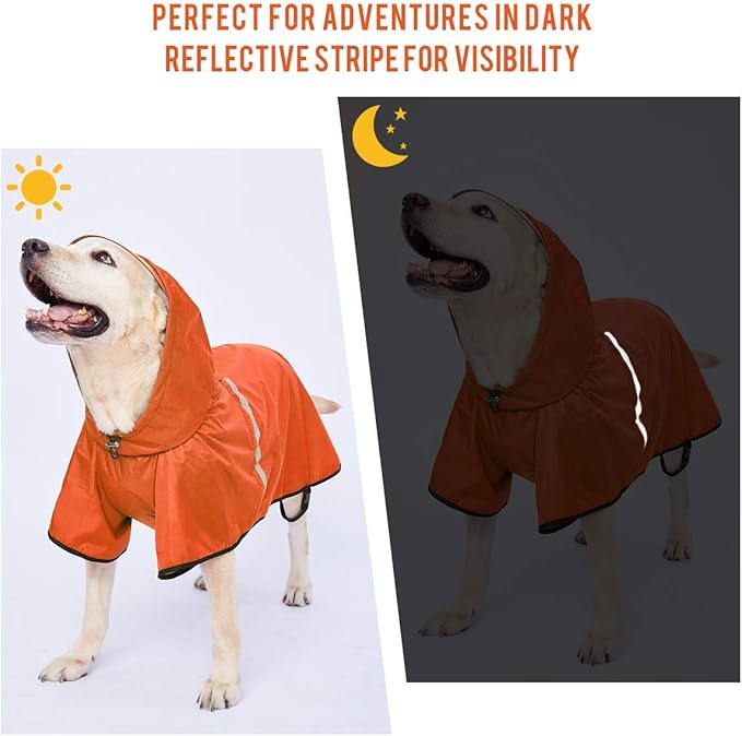 Dog Raincoat with Adjustable Belly Strap and Leash Hole - Hoodie with Reflective Strip - Waterproof Slicker Lightweight Breathable Rain Poncho Jacket for Medium Large Dogs - Easy to Wear, Orange 5XL
