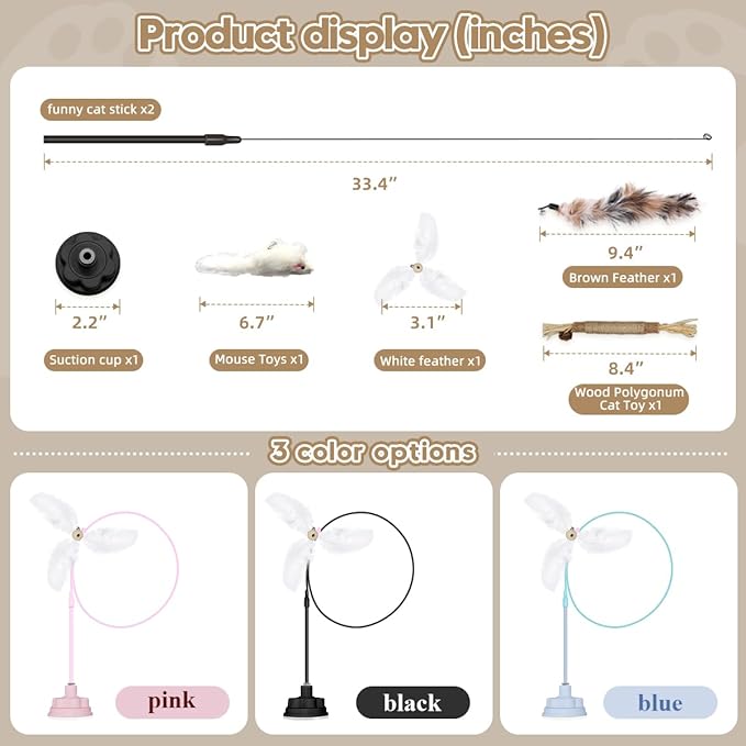 Suction Cup Cat Toys for Indoor Cats,3 in 1 Interactive cat Toys for Indoor Cats,Self Play or Handheld,Feathers & Bells,Realistic Toy Mouse and Silvervine Sticks（Black）