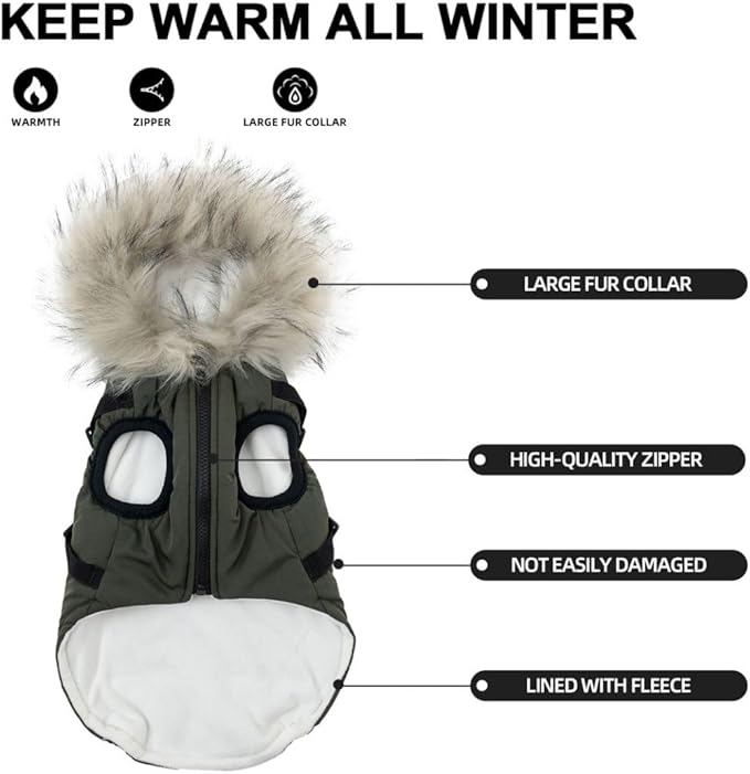 PINA Winter Coat with Waterproof Fabric and Faux Fur Hood, Dog Jacket with Reflective Strap for Small to Large Dogs, Green, M