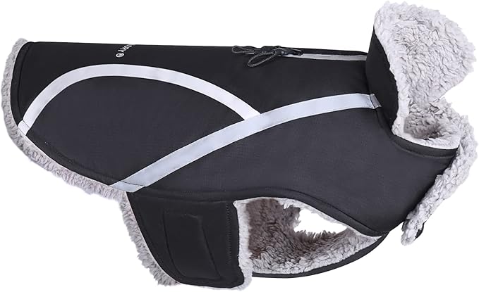 VIVAGLORY Frostfit Dog Coat, Dog Jacket for Winter & Cold Weather, Warm Fluffy Fleece Lined Water Resistant Reflective for Puppy, Coat with Velcro Fastening & Leash Hole, M+, Black