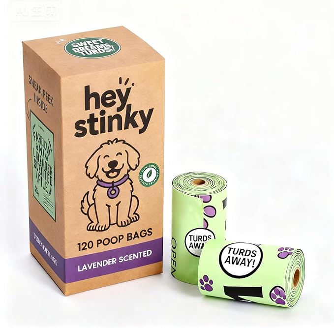 Dog Poop Bags 120 Count – Leakproof, Easy Open, Lavender Scent | Extra Thick Plant-Based PLA + PBAT, Fits All Dispensers | Funny Hey Stinky Design – $1 Donated to Service & Therapy Dogs