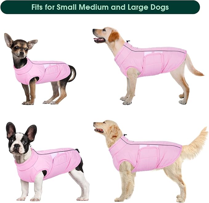 Kuoser Dog Jackets for Small Dogs, Warm Dog Coat with Harness Built in, Puppy Winter Jacket Pet Clothes for Cold Weather, Reflective Waterproof Doggie Winter Vest for Pug Dachshund, Pink S