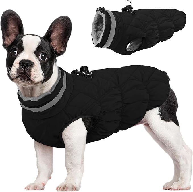 FUAMEY Dog Coat for Small Dogs,Waterproof Dog Winter Jacket with Harness Built in Puppy Cold Weather Coats Reflective Pet Vest with Zipper Warm Fleece Dogs Snowsuit Windproof Solid Black S