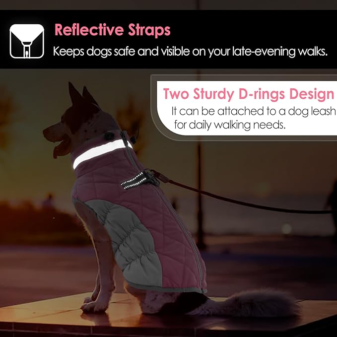 AOFITEE Dog Coat, Warm Dog Winter Coat for Large Dogs, Reflective Turtleneck Dogs Jacket with Harness Built in, Waterproof Windproof Pet Puffer Jacket Fleece Vest for Cold Weather, Pink XXXL