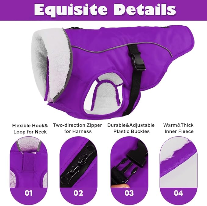 EMUST Dog Coat Winter, Waterproof Pet Snow Jacket for, Adjustable Small/Medium/Large Dog Coat/s for Winter, Purple, L