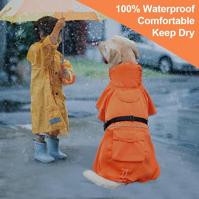 Reflective Dog Raincoat Waterproof Adjustable Dog Hooded Poncho Raincoat for Medium Large Dogs, Lightweight Pet Rain Jacket (Orange, XL)