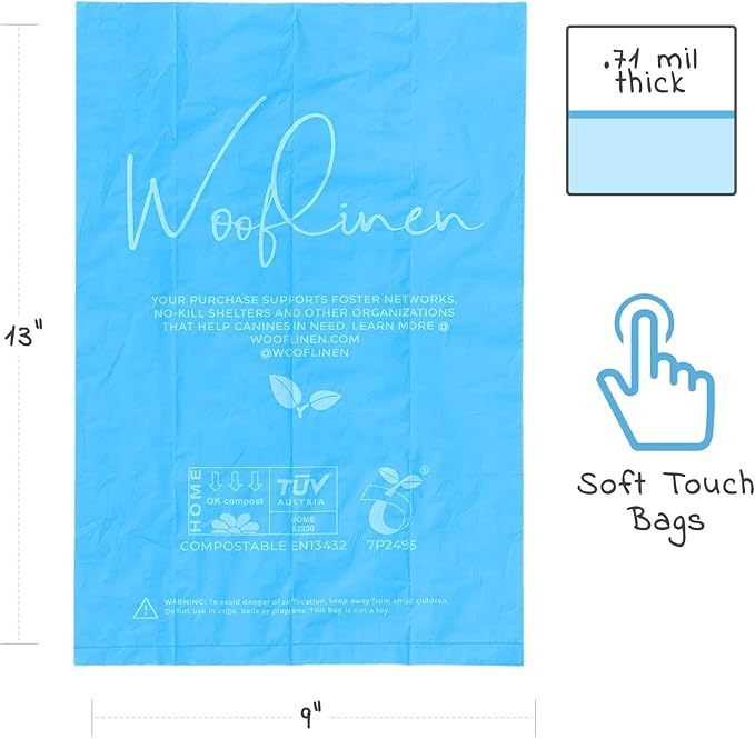 Wooflinen 100% Compostable Dog Poop Bags - EN13432 Home Compost Certified Dog Waste Bags, 240 Bags (16 Rolls), Made from Corn - Easy Open - Large, Thick Poop Bags for Dogs