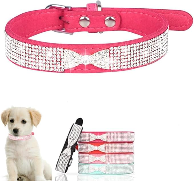 Serijoars Small Dog Collar with Rhinestone Crystal Diamond Colorful Bling Girl Puppy Cat Collars (S, Hot Pink3)