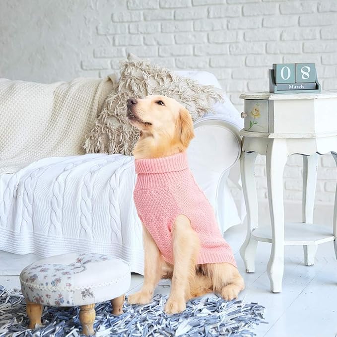 Mihachi Turtleneck Dog Sweater - Winter Coat Apparel Classic Cable Knit Clothes with Leash Hole for Cold Weather, Ideal Gift for Pet in New Year Flesh Pink Large