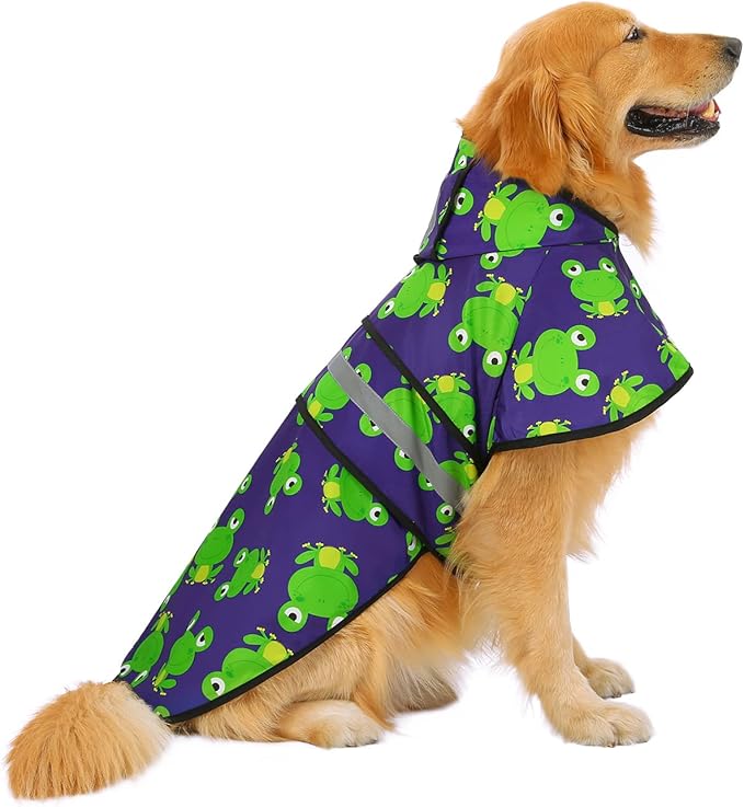HDE Dog Raincoat Jacket Reflective Adjustable Hooded Pet Poncho Rain Coat with Leash Hole for Small to X-Large Dogs Frogs - L
