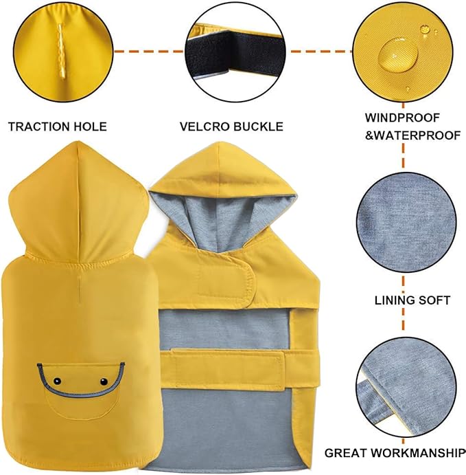Dog Raincoat Dogs Rain Jacket Reflective Poncho Rainwear Waterproof Pet Clothes Warm Lined Pocket Hooded Leash Hole Adjustable Small Medium Dogs,Yellow,XL,Back Length 14.0 Inch