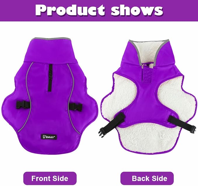 EMUST Dog Cold Weather Coats, Fleece Lining Small/Medium/Large Dog Jacket for Winter, Warm Waterproof Pet Winter Clothes for Large Dogs, Purple, XL