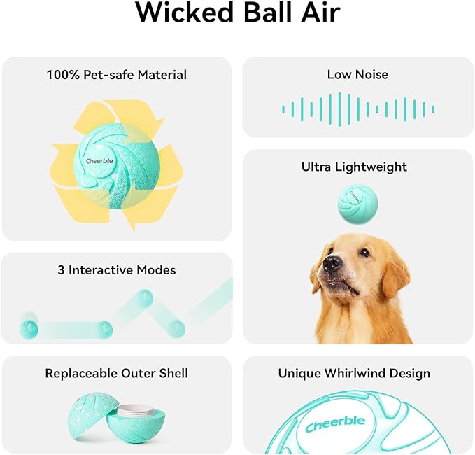 by Cheerble Smart Interactive Dog Toys, Wicked Ball AIR, 3 Interactive Modes, Automatic Moving, Bouncing, and Rotating, E-TPU Material, IPX7 Waterproof for Medium and Large Dogs