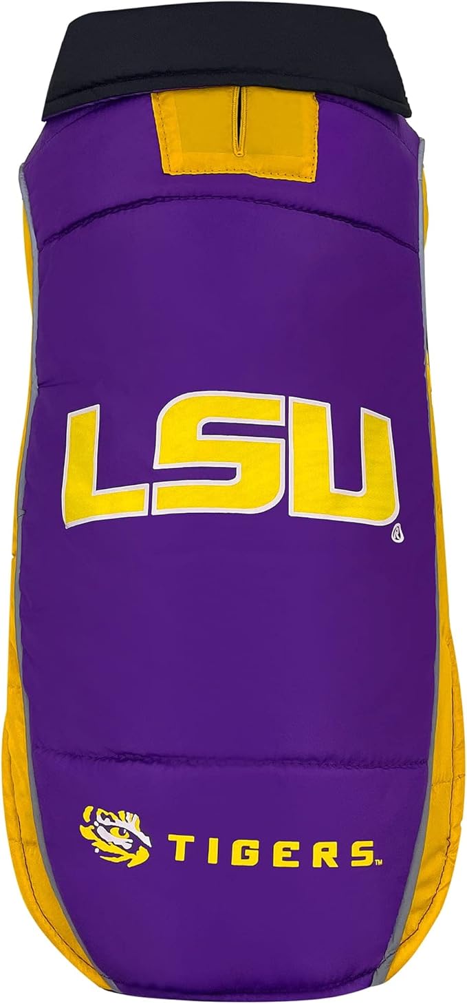 NCAA LSU Tigers Puffer Vest for Dogs & Cats, Size Small. Warm, Cozy, and Waterproof Dog Coat, for Small and Large Dogs/Cats. Best NCAA Licensed PET Warming Sports Jacket
