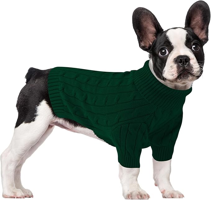 Small Dog Thermal Pullover Sweater, Classic Turtleneck Cable Knitwear Dog Clothes for Cold Weather Warm Pet Clothes for Chihuahua, Bulldog, Dachshund, Pug Green Large