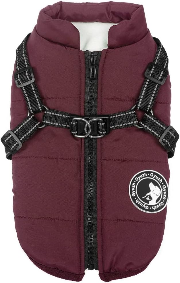 Gyuzh Dog Coat with Harness - Waterproof Winter Dog Coat, Fleece Lined, Adjustable, Reflective, for Medium Dogs - Large, Purple