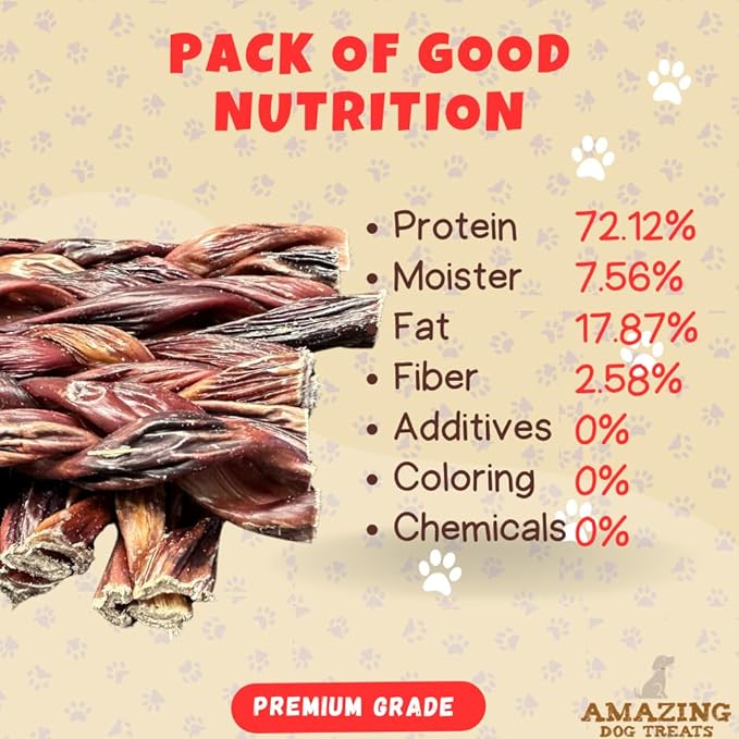 Amazing Dog Treats - 6 Inch Braided Gullet Stick (4 Pc/Pack) - Dog Jerky Treats - Beef Esophagus -Gullet for Dogs - Beef Esophagus Dog Treats