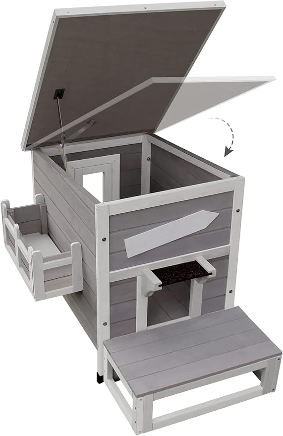 Rockever Outdoor Cat House, Large Outdoor Houses for Feral Cats with Self-Warming Mat Wooden Outside Cat Shelter Weatherproof with Escape Door