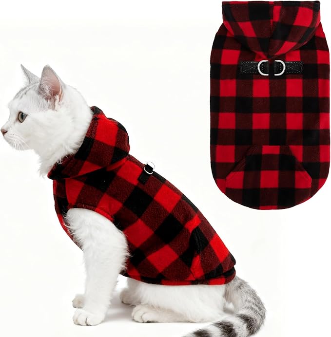 EXPAWLORER Dog Hoodie Fleece Sweater Vest, Plaid Dog Sweatshirt Fall Winter Pet Clothes with Leash Ring, Sleeveless Warm Cozy Puppy Clothing for Cat Small Medium Large Dogs Girl Boy, Checkered XS