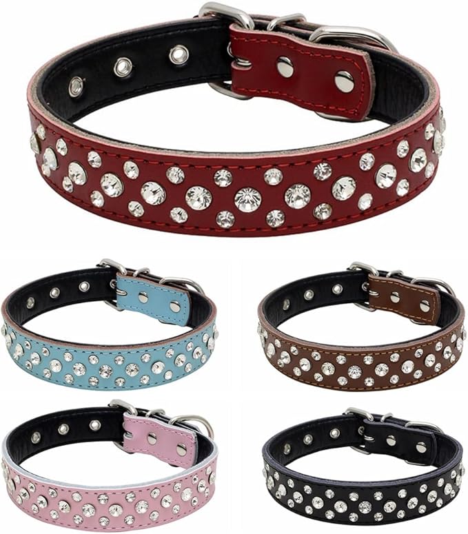 Rhinestones Dog Collar, Adjustable Sparkly Crystal Studded Genuine Leather Pet Dog Collar for Small and Medium Dogs (M, Pink)