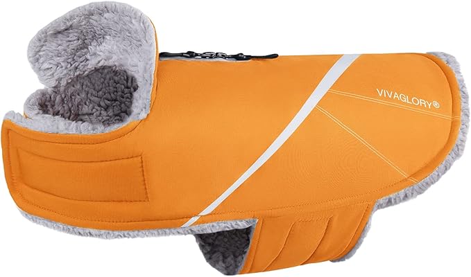 VIVAGLORY Snowrap Dog Coat, Jacket with Harness Hole & Velcro Closure, Dog Coat for Winter & Cold Weather, Fluffy Warm Fleece Lined Reflective Water Resistant for Puppy, L, Orange