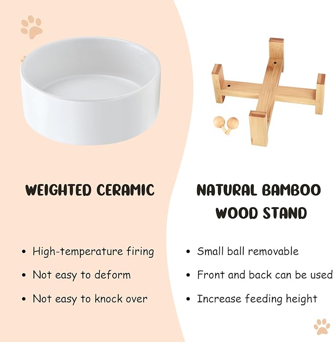 SPUNKYJUNKY 15° Slanted Ceramic Dog and Cat Bowl with Wooden Stand, Tilted Bulldog Food and Water Bowl No Slip Non-Spill for Cats Medium Dogs Big Face Pets 28.7 OZ (3.6 Cups, White)