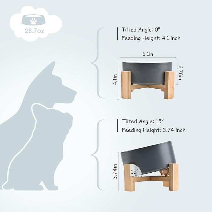 SPUNKYJUNKY 15° Slanted Ceramic Dog and Cat Bowl with Wooden Stand, Tilted Bulldog Food and Water Bowl No Slip Non-Spill for Cats Medium Dogs Big Face Pets 28.7 OZ (3.6 Cups, White-Grey)