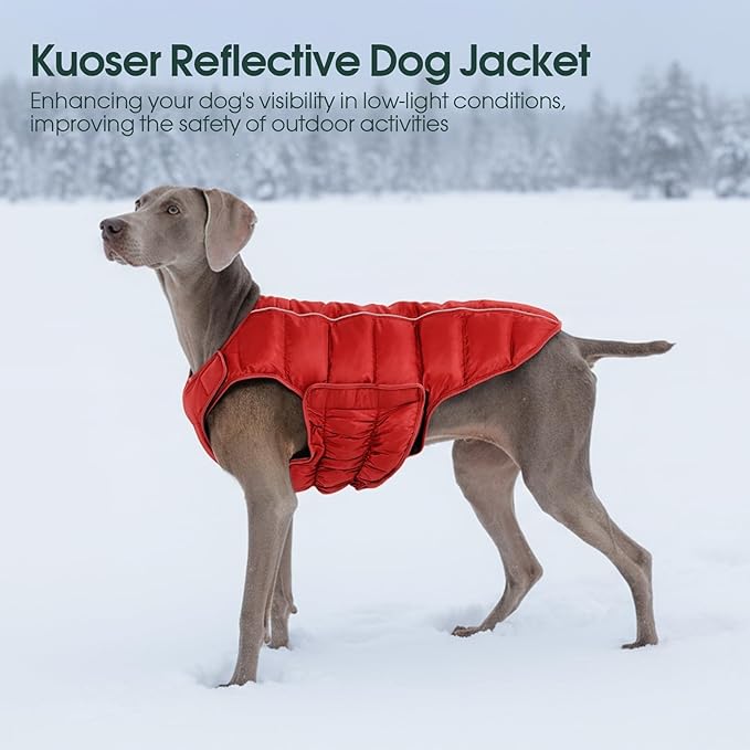 Kuoser Dog Puffer Jacket Warm Dog Coat for Extra Large Dogs, Windproof Reflective Pet Padded Vest Cold Weather Clothes Puppy Snowsuit with Hook & Loop Coats, Easy On/Off, Red 2XL